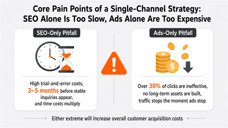 Core Pain Points of a Single-Channel Strategy: SEO Alone Is Too Slow, Ads Alone Are Too Expensive